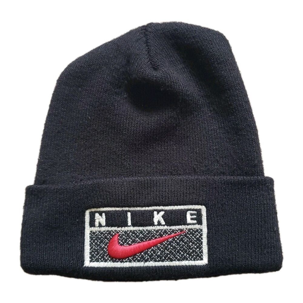 Vintage 90s Nike Box Logo Mens Black OSFM Beanie Skully Swoosh  Check